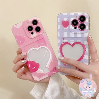 เคสโทรศัพท์มือถือแบบนิ่ม TPU ใส กันกระแทก พร้อมช่องใส่บัตร ลายหัวใจ สีชมพู สําหรับ iPhone 14 13 12 11 Pro Max X Xr Xs Max 8 7 Plus SE2020