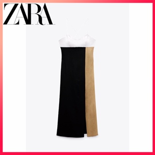 Zara ใหม่ เสื้อผ้าผู้หญิง บล็อกสี ผ้าลินินผสม ชุดเดรสสลิง