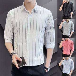 เสื้อเชิ้ตแขน 3 ส่วน 4 ส่วน ลําลอง ลายทาง สีแดง สีเทา สีฟ้าอ่อน สีดํา สีขาว สไตล์เกาหลี สําหรับผู้ชาย