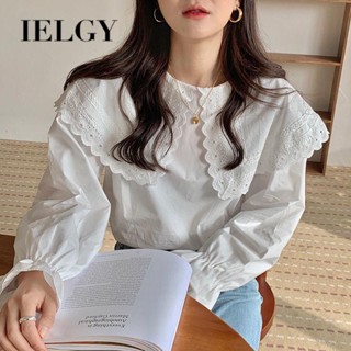 IELGY เสื้อเชิ้ตแขนยาว คอตุ๊กตา ลูกไม้ ทรงหลวม สไตล์เรโทร สําหรับผู้หญิง