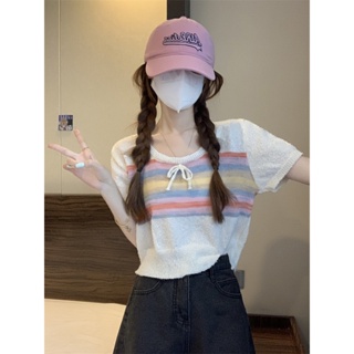 3530#เสื้อถัก ผ้าเรยอน แบบบาง ลายทาง สีรุ้ง ประดับโบว์ แฟชั่นฤดูร้อน สําหรับผู้หญิง