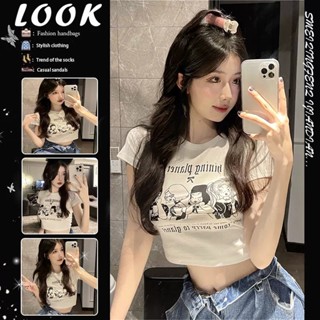 (ฟรีของขวัญ) เสื้อยืดแขนสั้น รัดรูป สไตล์อเมริกัน เรโทร ฤดูร้อน สําหรับผู้หญิง