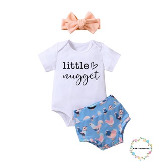 Babyclothes- ชุดรอมเปอร์ แขนสั้น พิมพ์ลายตัวอักษร สีขาว และกางเกงขาสั้น พิมพ์ลายไก่ และที่คาดผม แฟชั่นฤดูร้อน สําหรับเด็กผู้หญิง