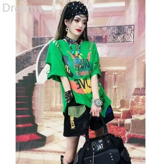 Fashion retro casual green hole T-shirt summer New irregular design niche loose top