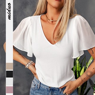 มาแรง | เสื้อยืดคอวี แขนพอง ผ้าถัก แบบระบาย