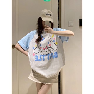 เสื้อยืดแขนสั้นลําลอง แขนห้าส่วน ผ้าฝ้าย ทรงหลวม พิมพ์ลาย Cinnamoroll น่ารัก แฟชั่นฤดูร้อน สไตล์เกาหลี สําหรับผู้หญิง