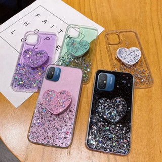 Xiaomi Redmi A1 A2 12 12C Redmi12C RedmiA1 RedmiA2 Bling Glitter Case Sequins Silicone Cover Luxury Foil Powder Soft Casing Crystal Flexible TPU Phone Shell with Heart POP Socket Stand