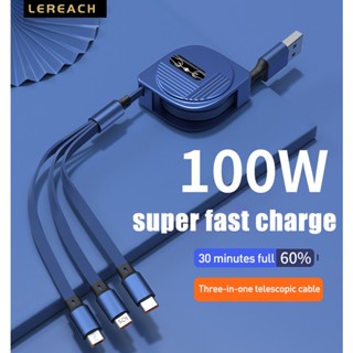 Lereach 3 in 1 สายชาร์จ USB พับเก็บได้ 6A 100W สายชาร์จข้อมูล ชาร์จเร็วมาก แบบพกพา สากล