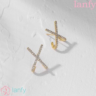 LANFY X ต่างหูโลหะ รูปตัวอักษร X X ประดับเพทาย แวววาว แฟชั่นสําหรับผู้หญิง