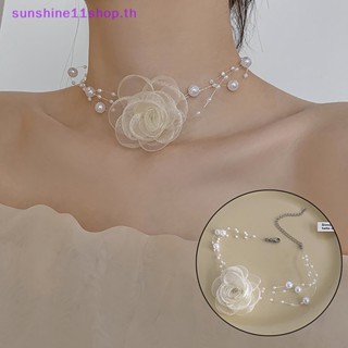 Sunshop สร้อยคอโชคเกอร์ ประดับไข่มุก ดอกคามิเลีย สีดํา สีขาว เหมาะกับฤดูร้อน สําหรับผู้หญิง TH