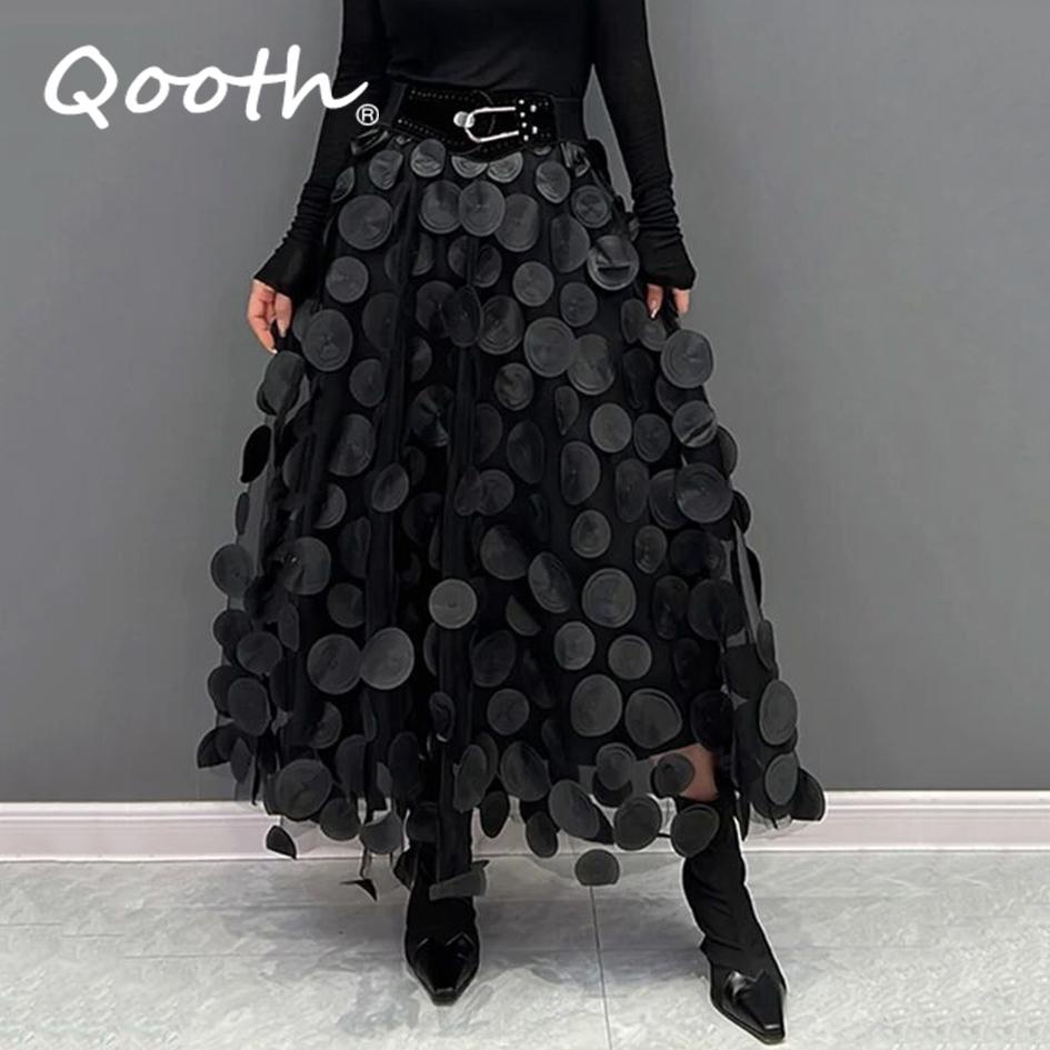 Qooth กระโปรงยาว ทรงเอ เอวยางยืด ลายจุด 3D สไตล์วินเทจ สําหรับสตรี QT2176
