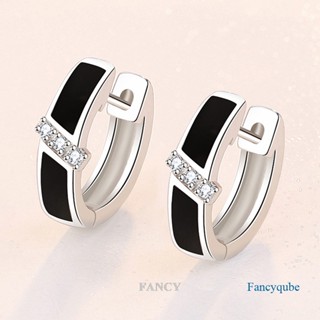 Fancy ต่างหูห่วง เงินแท้ 925 ทรงกลม สีดํา ของขวัญสําหรับผู้หญิง