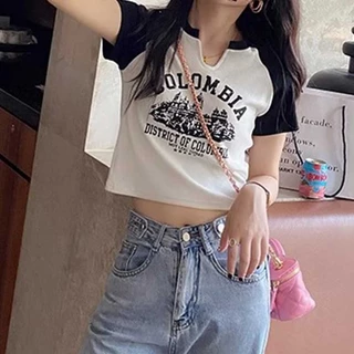 พร้อมส่ง เสื้อครอปเเขนสั้นคอกลม