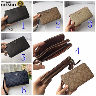 Double Corner Zip Wristlet F87591 กระเป๋าคลัชสำหรับสุภาพสตรี แท้ COAC H กระเป๋าสตางค์ซิปคู่แบบคลาสสิก พิมพ์ลายคลาสสิก