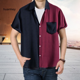 Huarmey เสื้อเชิ้ต แขนสั้น กระดุมแถวเดียว คอปก เย็บปะติดปะต่อกัน มีสไตล์ เหมาะกับใส่ทํางาน สําหรับผู้ชาย