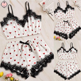 Womens Sexy Lingerie Pajamas Love Print Sleeveless Lace Top Shorts Sleepwear Set