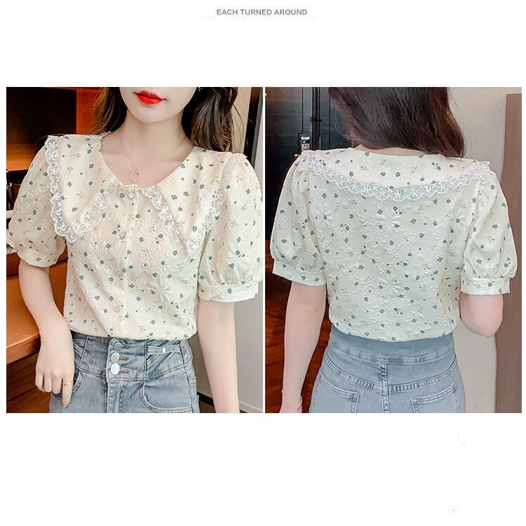 เสื้อลายดอกไม้สไตล์เกาหลีแขนสั้นผ้าชีฟอง thumbnail 10