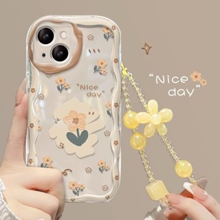 เคสมือถือ แบบนิ่ม ลายดอกไม้สีเหลืองนม พร้อมสายโซ่คล้อง สําหรับ Apple 14 Pro Max Iphone 13 12 11 XS