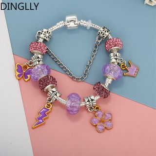 Dinglly สร้อยข้อมือ กําไลข้อมือ รูปมงกุฎและสายฟ้า ดอกไม้สีม่วง และผีเสื้อ สีเงิน สําหรับผู้หญิง