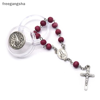 [FREG] Red Wood Beads Strand Cross Rosary Bracelet With Box Church Religious Jewelry Gifts FDH