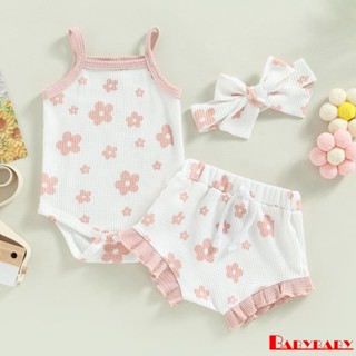 Babybaby-0-18m ทารก เด็กผู้หญิง ดอกไม้ สายรัด ฤดูร้อน ถัก รอมเปอร์ + กางเกงขาสั้น แต่งระบาย + ชุดที่คาดผม