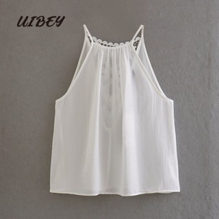 Uibey เสื้อกล้าม คอกลม แต่งลูกไม้ สีพื้น 8963
