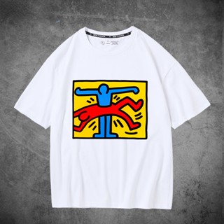 Keith Haring Co branded Keith Haring เสื้อยืดแขนสั้นลําลอง ผ้าฝ้ายแท้ พิมพ์ลาย แฟชั่นสําหรับผู้ชาย และผู้หญิง