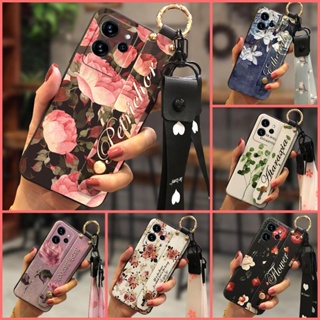 Soft Anti-dust Phone Case For Oukitel C32 Lanyard Wrist Strap Waterproof Flower cartoon Fashion Design Back Cover Anti-knock