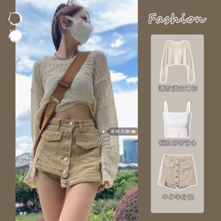 ((พร้อมส่ง) ชุดสูทกระโปรงยีนสั้น ทรงเอ แขนยาว ฉลุลาย สไตล์อเมริกัน เก็บสะโพก และเสื้อเบลาส์กลวง และกระโปรงยีน ด้านใน สําหรับผู้หญิง