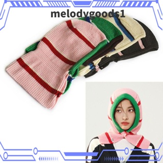 Melodygoods1 หมวกบีนนี่ ผ้าถัก ลายทาง อบอุ่น สําหรับผู้หญิง