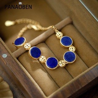 Panaoben ♥ สีน้ําเงินเข้ม สร้อยข้อมือกลม สําหรับผู้หญิง สไตล์จีน ทองแดง เหรียญ Lapis Lazuli กําไลข้อมือ ย้อนยุค หรูหรา เครื่องประดับที่สวยงาม