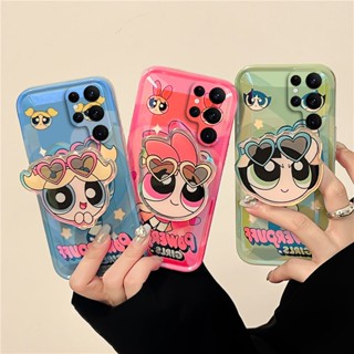 เคสโทรศัพท์มือถือ แบบนิ่ม ลายการ์ตูน Dopamine Powerpuff Girls พร้อมตัวยึด สําหรับ Samsung S22 Ultra