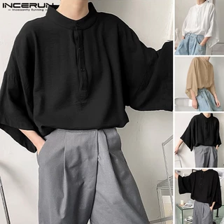 Incerun เสื้อเชิ้ตแขนสั้น คอปก ทรงหลวม สีพื้น สไตล์เกาหลี สําหรับผู้ชาย