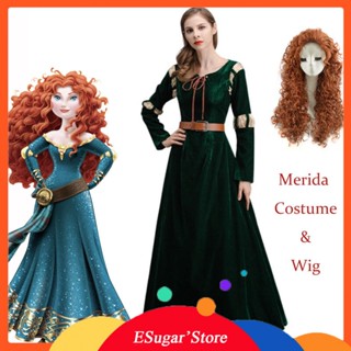 ชุดแม็กซี่เดรสคอสเพลย์ Disney Merida Princess พร้อมวิกผม สีเขียวเข้ม เหมาะกับปาร์ตี้ฮาโลวีน สําหรับผู้หญิง และผู้ใหญ่