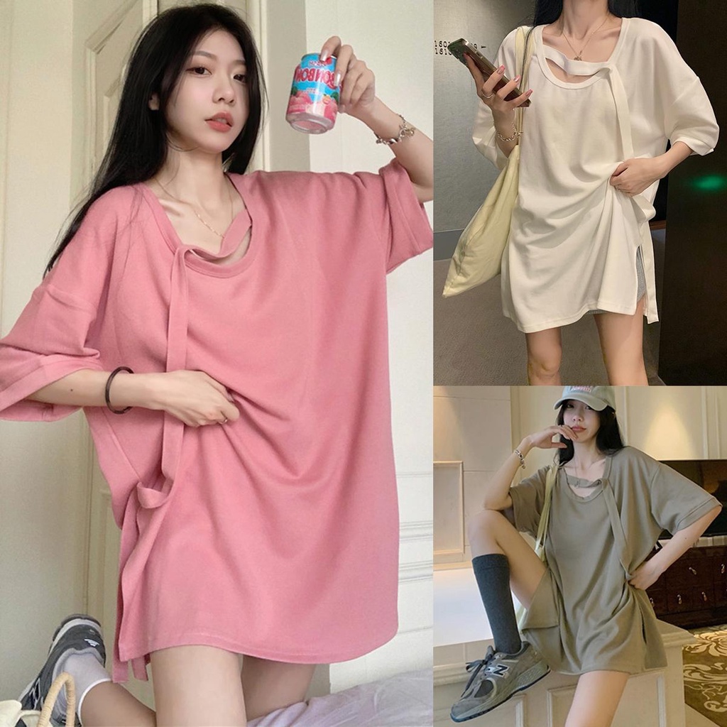 ❤️KOKO ❤️*พร้อมส่ง*เสื้อยืดแขนสั้นผู้หญิง เก๋ไก๋ เสื้อแฟชั่นไซส์ใหญ่สไตล์เกาหลี สไตล์ยาวปานกลาง สีทึบ