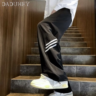 DaDuHey🔥 Mens American Retro Ice Silk Breathable Quick-Drying Sports Pants Summer Thin Fashion All-Matching Loose Straight Striped Casual Pants Jogger Pants