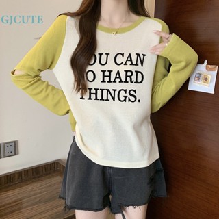 Gjcute เสื้อยืดลําลอง แขนยาว คอกลม พิมพ์ลายตัวอักษร ทรงหลวม สีตัดกัน แฟชั่นสําหรับสตรี WTD