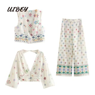 Uibey เสื้อกั๊ก คอวี พิมพ์ลาย + กางเกง แฟชั่น 9626