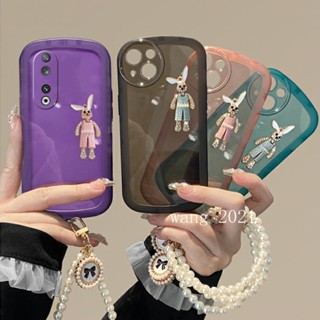 เคสโทรศัพท์มือถือแบบนิ่ม ใส ประดับมุก พลอยเทียม กระต่าย พร้อมสายคล้อง หรูหรา สีพื้น สําหรับ Honor90 Honor 70 90 Lite 5G 2023 90 Lite