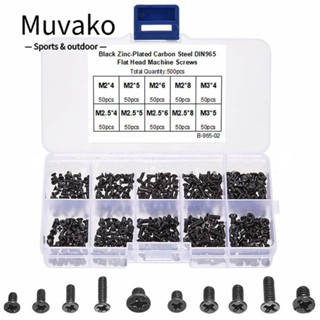 Muvako สกรูหัวแบน เหล็กคาร์บอน สีดํา 500 ชิ้น|สกรู พร้อมกล่องเก็บ M2 M2.5 M3 10 ขนาด สําหรับแล็ปท็อป