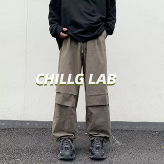 CHILLG LAB กางเกงขายาวผู้ชาย, ชุดเอี๊ยมสไตล์อเมริกัน, ดีไซน์แนวไฮสตรีท, ฮิปฮอปแบบมีเชือกผูก, เท้าหลวม, ขากว้าง, เดรป, สไตล์ขี้เกียจ, รุ่นคู่รัก