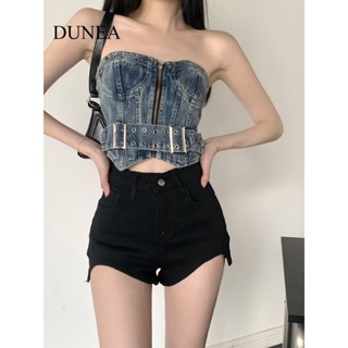 Dunea เสื้อยีนท็อป และกางเกงขาสั้น เอวสูง สไตล์วินเทจ สําหรับผู้หญิง