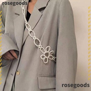 Rosegoods1 เข็มขัดโซ่ ประดับมุก ดอกไม้ สายรัด ดอกไม้ เข็มขัดมุก เข็มขัดแฟชั่น เข็มขัดโซ่เอว สีขาว ผู้หญิง