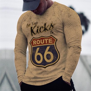 เสื้อยืดลําลอง แขนยาว คอกลม พิมพ์ลาย Route 66 3D โอเวอร์ไซซ์ สไตล์วินเทจ แฟชั่นฤดูร้อน สําหรับผู้ชาย