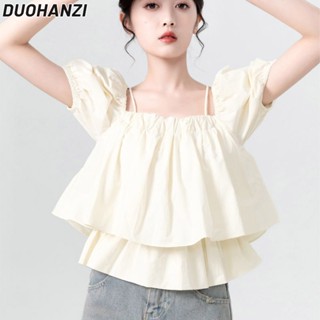 Duohanzi เสื้อเชิ้ตแขนสั้น คอสี่เหลี่ยม เปิดไหล่ สําหรับผู้หญิง