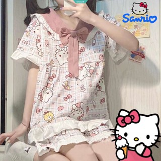 SANRIO ชุดนอน เสื้อคาร์ดิแกน แขนสั้น พิมพ์ลายการ์ตูน Hello Kitty น่ารัก แฟชั่นฤดูร้อน สําหรับผู้หญิง [GM]