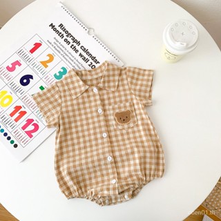 【insPlaid Bear-baby Shirt】ใหม่ ชุดจั๊มสูทรอมเปอร์ แขนสั้น ลายสก๊อต สไตล์เกาหลี แฟชั่นฤดูร้อน สําหรับเด็กผู้ชาย