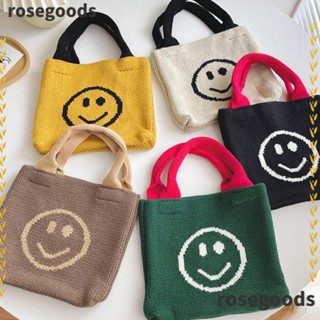 Rosegoods1 กระเป๋าถือ ผ้าถัก แฮนด์เมด ความจุสูง ลายหน้ายิ้ม สําหรับนักเรียน