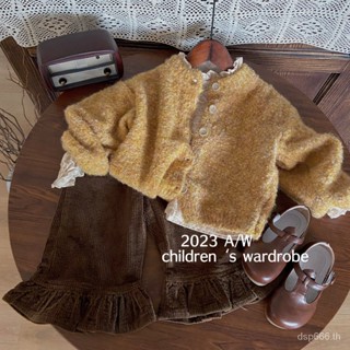 Korean style childrens wear girls autumn suit 2023 new western style childrens cardigan sweater shirt pants three-piece set trendy BSS7