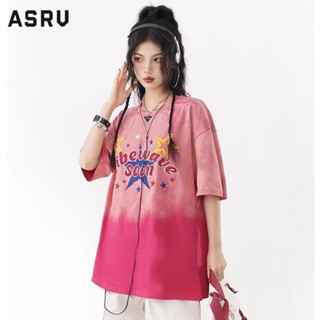 ASRV เสื้อยืดแขนสั้นลายตัวอักษรอเมริกัน แฟชั่น ไล่ระดับ สีชมพู ชายและหญิง ย้อนยุค ฮิปฮอป เสื้อยืดหลวม แมทช์ได้ทุกแบบ